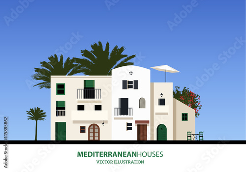 Mediterranean houses, palms and blue sky bakground. Vector illustration