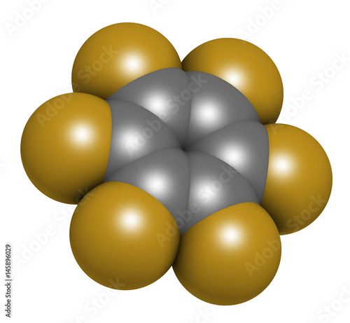 Hexafluorobenzene molecule. 3D rendering. Atoms are represented as spheres with conventional color coding: hydrogen (white), carbon (grey), fluorine (gold).