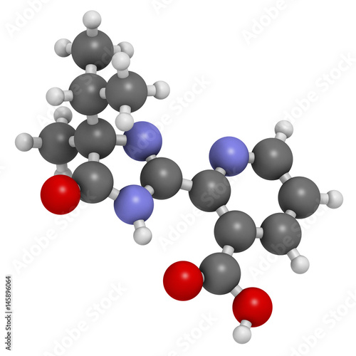 Imazapyr herbicide molecule. 3D rendering. Atoms are represented as spheres with conventional color coding  hydrogen  white   carbon  grey   nitrogen  blue   oxygen  red .