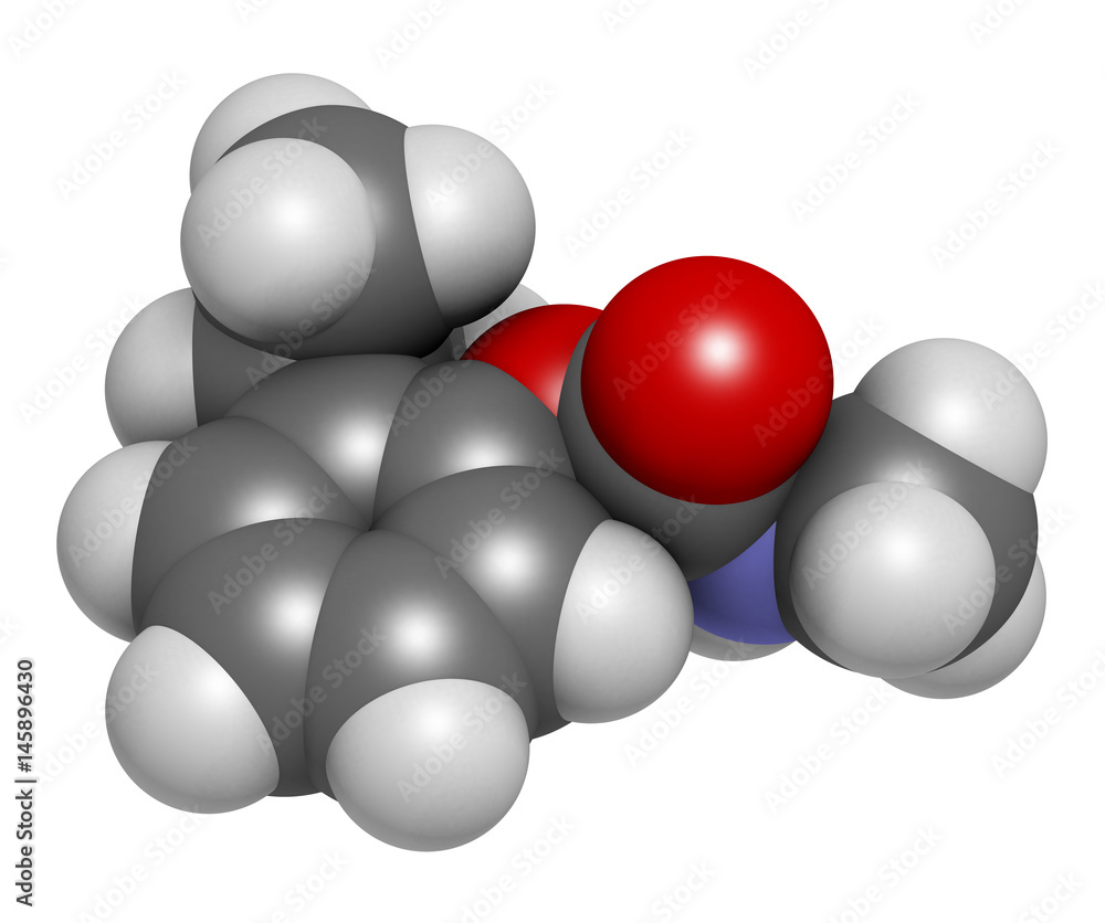 Isoprocarb insecticide molecule. 3D rendering. Atoms are represented as spheres with conventional color coding: hydrogen (white), carbon (grey), oxygen (red), nitrogen (blue). Isoprocarb insecticide molecule. 3D rendering. Atoms are represented as spheres with conventional color coding: hydrogen (white), carbon (grey), oxygen (red), nitrogen (blue).
