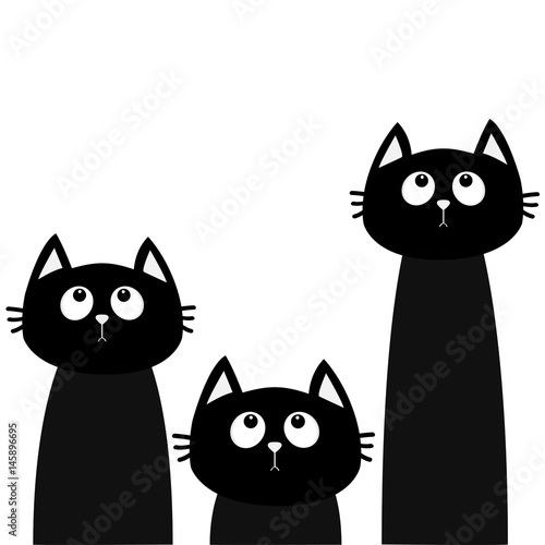 Fototapeta Naklejka Na Ścianę i Meble -  Three black cat set looking up. Friends forever. Cute cartoon character. Kawaii animal. Love Greeting card. Flat design style. White background. Isolated.