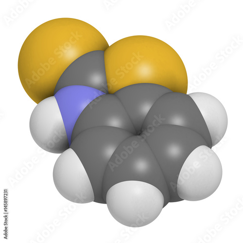 Mercaptobenzothiazole (MBT) skin sensitizer molecule. Used as rubber vulcanising agent. 3D rendering. Atoms are represented as spheres with conventional color coding. photo