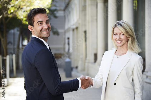 Agreeable business people shaking hands to camera