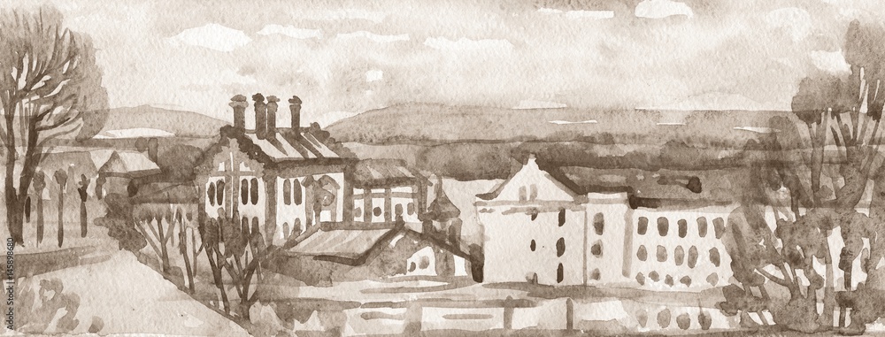 Urban landscape, panorama. Painting watercolor, Sepia