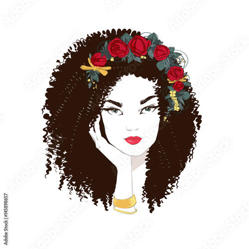 Portrait of young beautiful woman with red roses in hair . Vector hand drawn illustration.