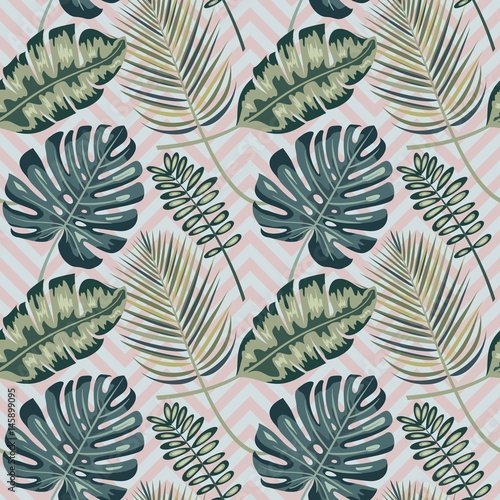 Print summer exotic jungle plant tropical palm leaves. Pattern, seamless floral vector on geometric background. Nature wallpaper.