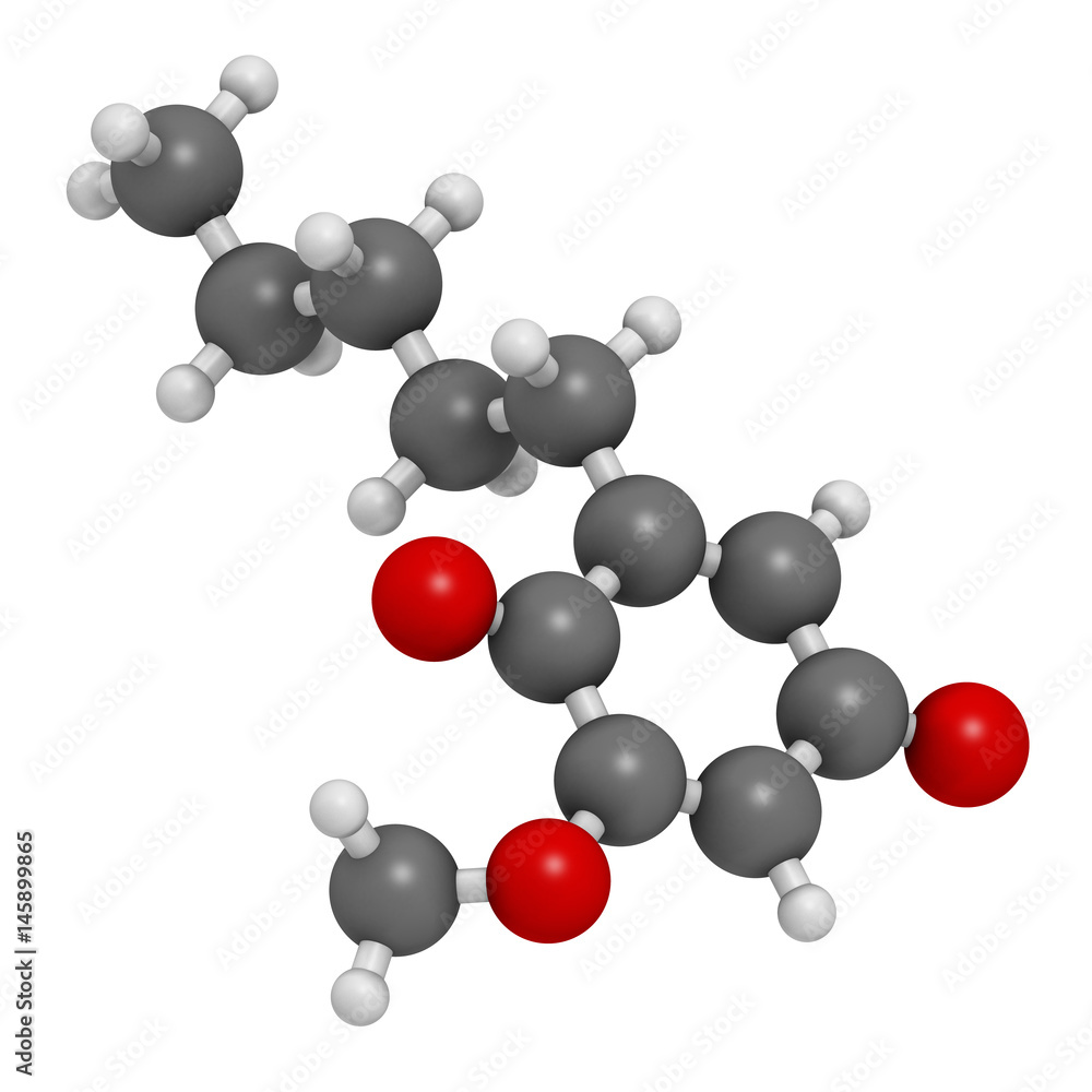 Primin primrose plant allergen molecule. 3D rendering. Atoms are represented as spheres with conventional color coding: hydrogen (white), carbon (grey), oxygen (red). Primin primrose plant allergen molecule. 3D rendering. Atoms are represented as spheres with conventional color coding: hydrogen (white), carbon (grey), oxygen (red).