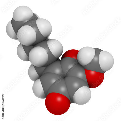 Primin primrose plant allergen molecule. 3D rendering. Atoms are represented as spheres with conventional color coding: hydrogen (white), carbon (grey), oxygen (red). photo