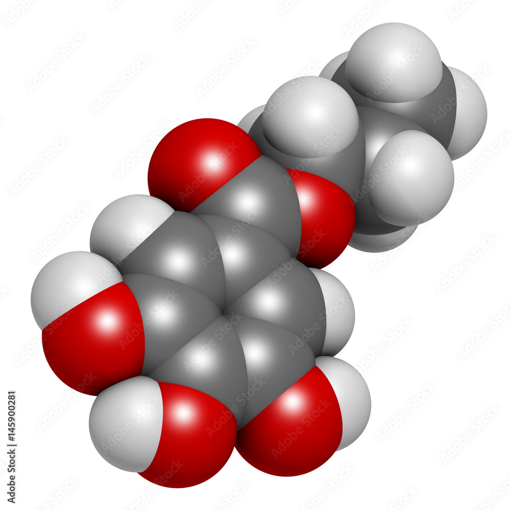 Propyl gallate antioxidant food additive molecule. 3D rendering. Atoms are represented as spheres with conventional color coding: hydrogen (white), carbon (grey), oxygen (red). Propyl gallate antioxidant food additive molecule. 3D rendering. Atoms are represented as spheres with conventional color coding: hydrogen (white), carbon (grey), oxygen (red).