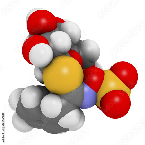 Sinalbin glucosinolate molecule. Present in seeds of white mustard (Sinapis alba). 3D rendering. Atoms are represented as spheres with conventional color coding. photo