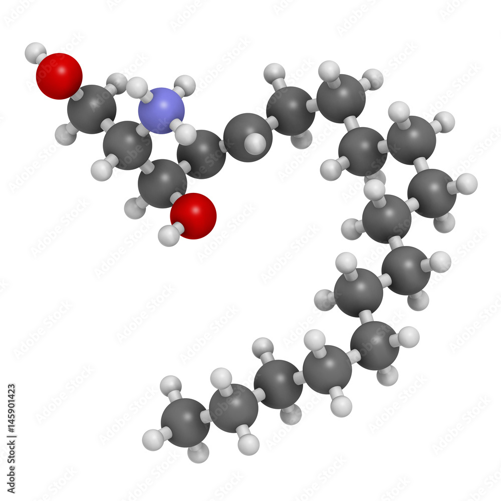Sphingosine lipid molecule. 3D rendering. Atoms are represented as spheres with conventional color coding: hydrogen (white), carbon (grey), oxygen (red), nitrogen (blue).