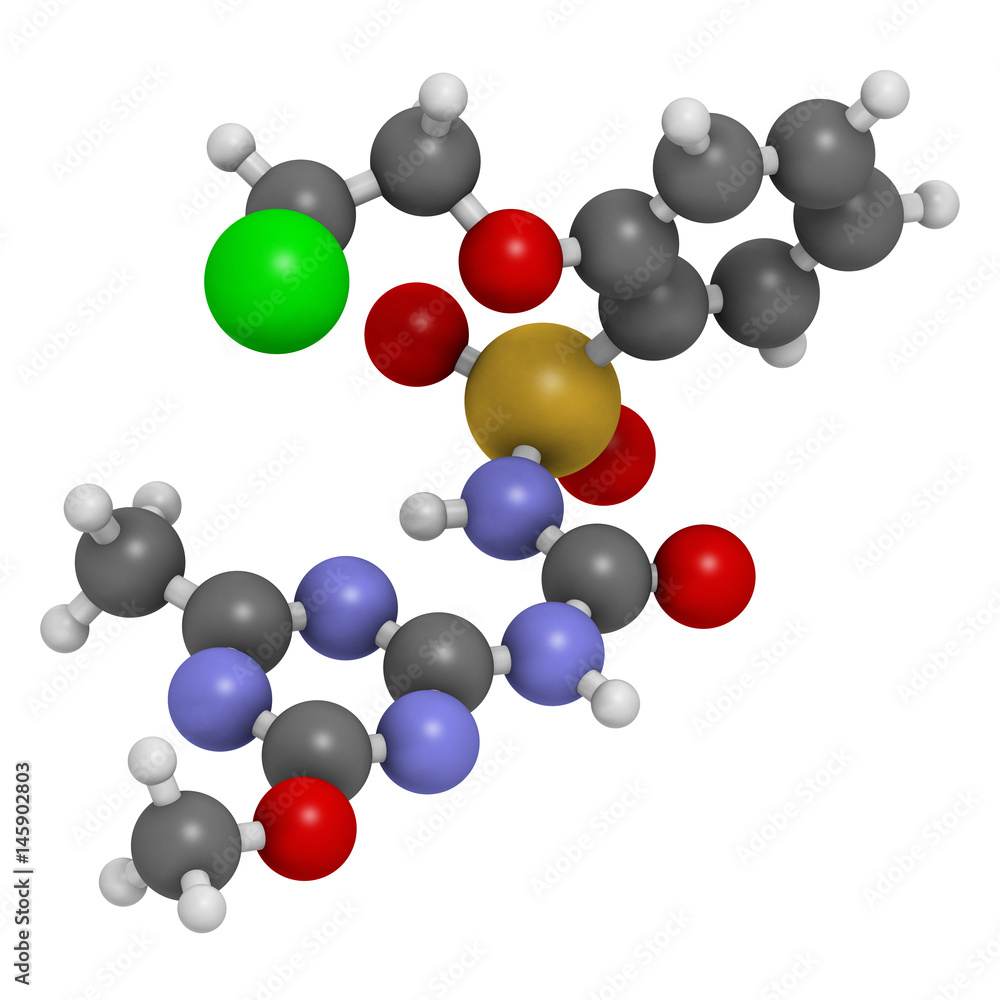 Triasulfuron herbicide molecule. 3D rendering. Atoms are represented as spheres with conventional color coding. Triasulfuron herbicide molecule. 3D rendering. Atoms are represented as spheres with conventional color coding.