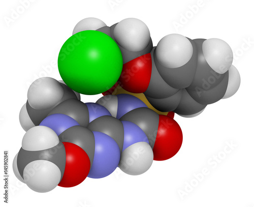 Triasulfuron herbicide molecule. 3D rendering. Atoms are represented as spheres with conventional color coding.