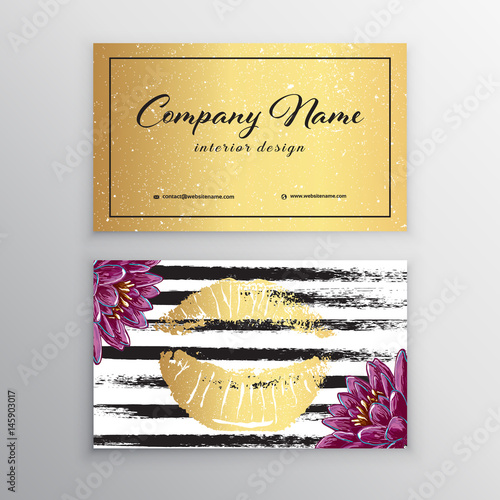 Makeup artist business card. Business cards template with gold lips print and black brush