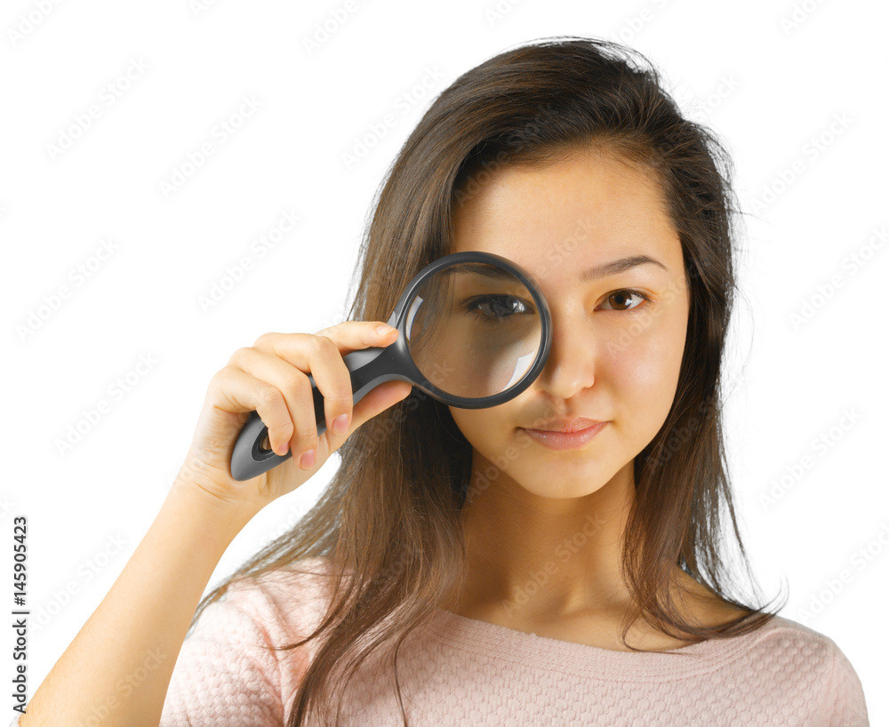 young woman with magnifying glass young woman with magnifying glass