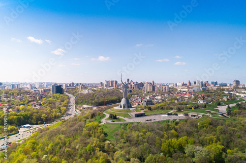 Panoramic view of the city of Kiev. Mother Land and Park of Glory view. Aerial view, from above. Outdoor.