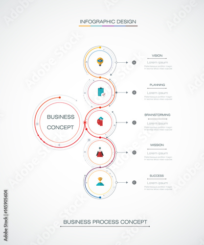 Vector Infographic 3D circle label design with arrows sign and 5 options or steps. For business, infograph template, process infographics, diagram chart, flowchart, processes diagram, time line