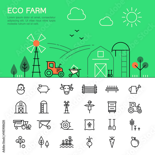 Farming and agriculture thin line icons.