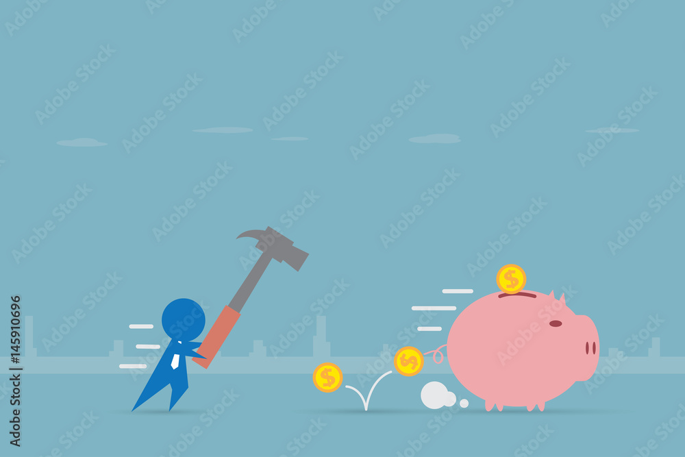 Fototapeta premium businessman running to piggy bank with hammer, investment and business concept