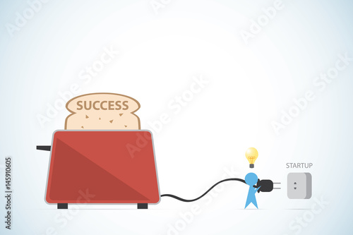 businessman putting plug of toaster into electricity socket with lightbulb and succes text, startup and business concept