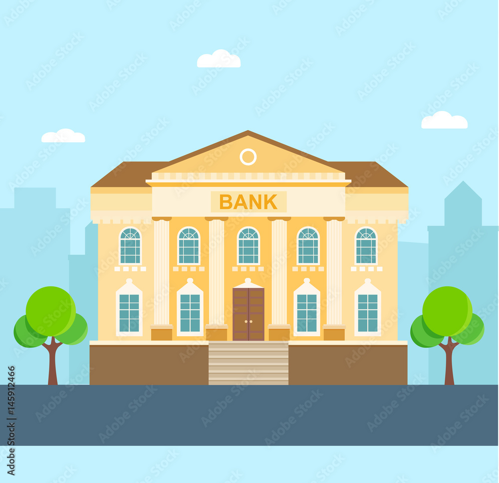 Facade of a bank building with columns. Flat vector illustration.
