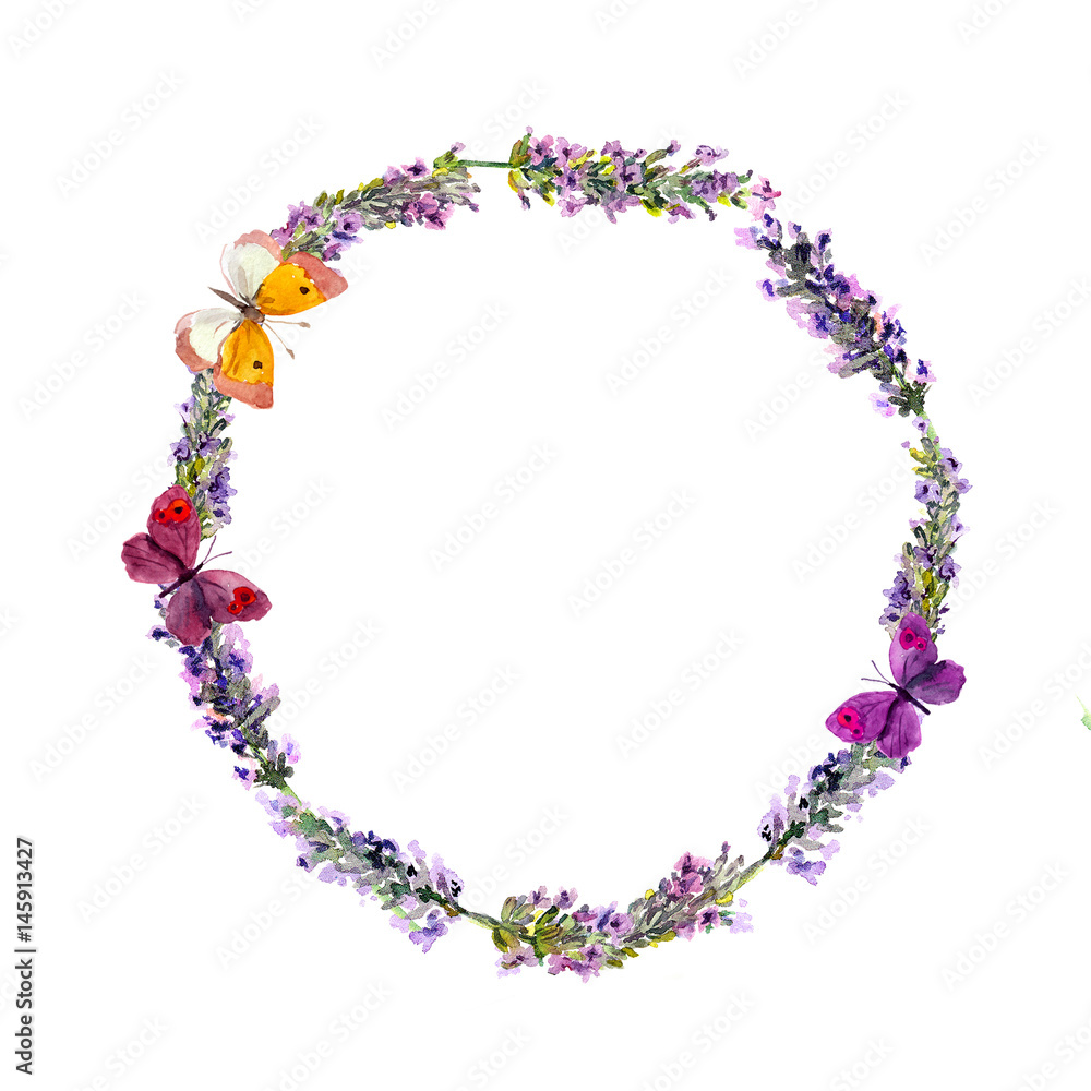 Lavender flowers wreath and butterflies. Watercolor Lavender flowers wreath and butterflies. Watercolor