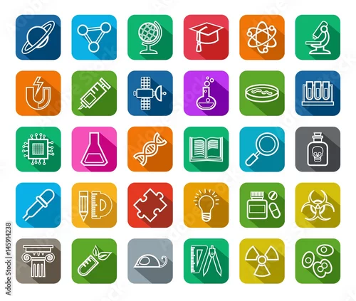 Obraz Nauka, ikony, kontur, rysunek, kolor, wektor. Liniowe białe ikony na kolorowym tle z cieniem. Różne rodzaje działalności naukowej. Wektor clipart.