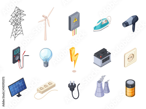 Electricity Isometric Icons Set