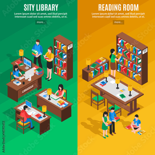 Library Isometric Vertical Banners