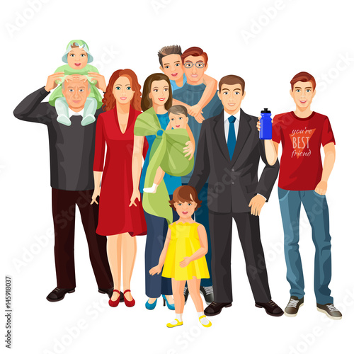 Big family mother, father, baby boy, toddler girl, teenager son.
