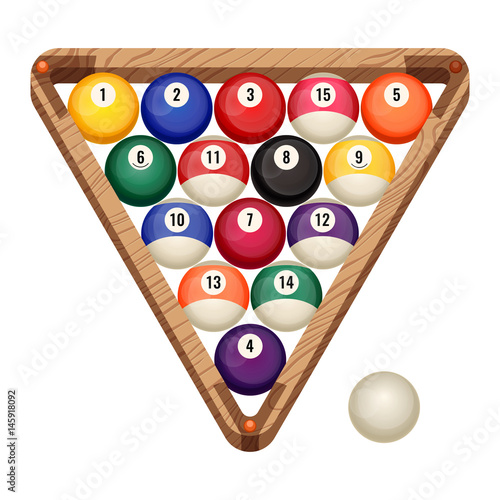 Billiard balls in wooden rack, vector illustration of starting position