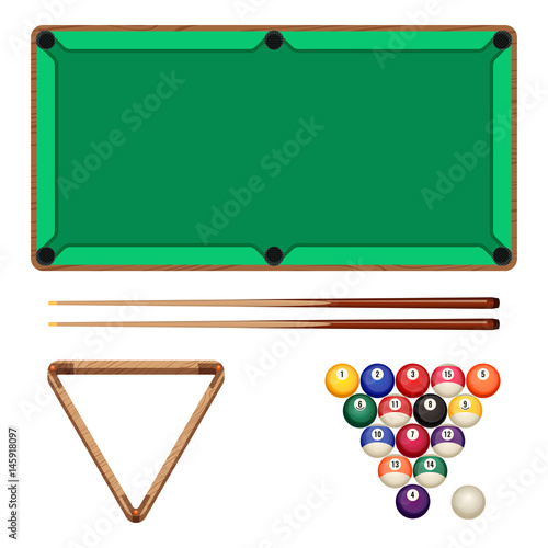 Snooker and pool gaming elements isolated on white. Billiard table