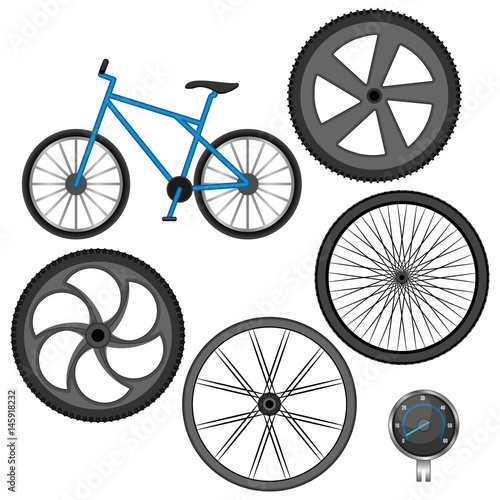 Set of different wheels, bike and speedometer isolated on white