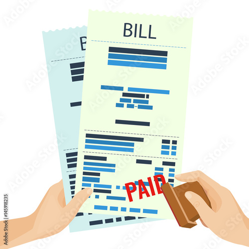 Paid bill in human hands with rubber stamp vector illustration