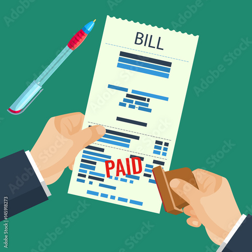 Paid bill in human hands with rubber stamp vector illustration