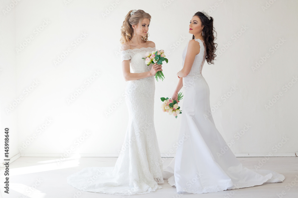two wedding bride with bouquet wedding