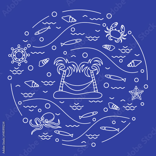 Cute vector illustration with octopus, fish, island with palm trees and a hammock, helm, waves, seashells, starfish, crab arranged in a circle.