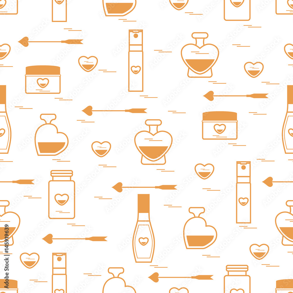Cute seamless pattern with various accessories for the care of your body and hair: perfume bottles in the shape of a heart, cream, hair spray and other. Cute seamless pattern with various accessories for the care of your body and hair: perfume bottles in the shape of a heart, cream, hair spray and other.