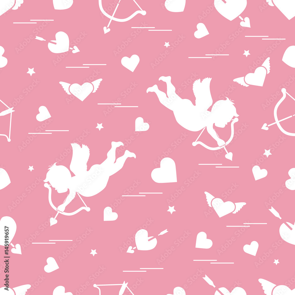 Fototapeta premium Cute seamless pattern with cupid shoots a bow and hearts. Love symbol.