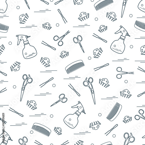 Cute pattern of scissors, combs, hairclip, hairpins and sprayer. For the provision of hairdressing services.