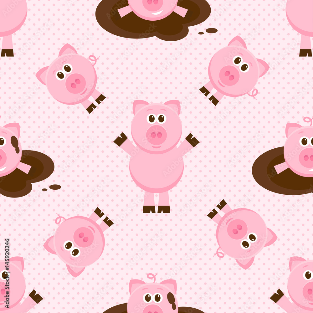 Seamless pattern with cute cartoon pink pigs