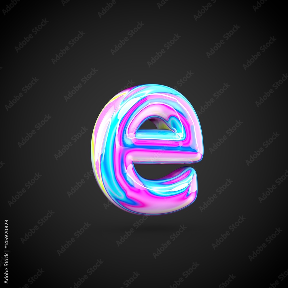 Glossy holographic alphabet letter E lowercase isolated on black background. Glossy holographic alphabet letter E lowercase isolated on black background.