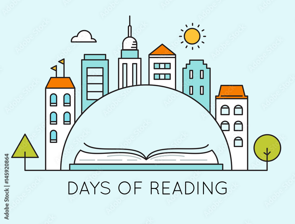 City and Open Book. Days of Reading Sign. Literature and Library Days Vector Illustration or Poster Template