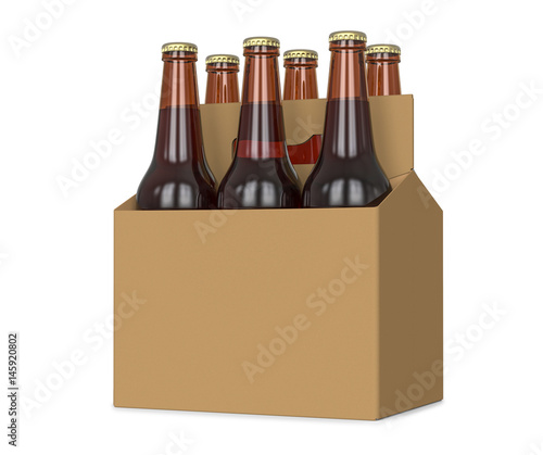 Obraz na plátně Six pack of glass bottled beer in generic brown cardboard carrier 3d Illustration, isolated on white background