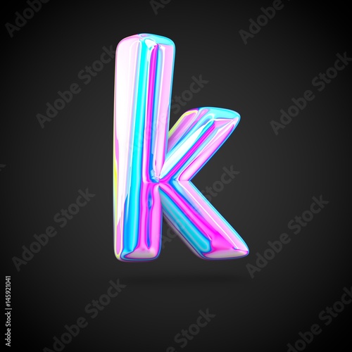 Glossy holographic alphabet letter K lowercase isolated on black background.