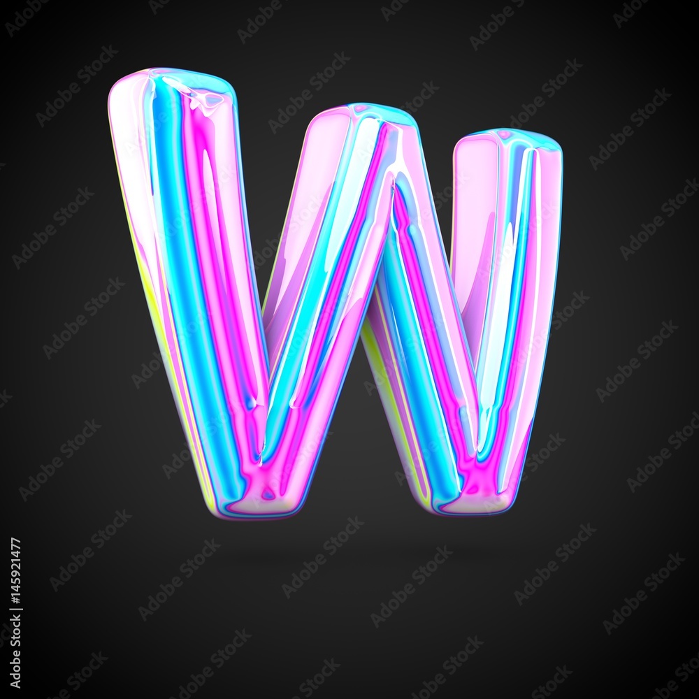 Glossy holographic alphabet letter W uppercase isolated on black background. Glossy holographic alphabet letter W uppercase isolated on black background.