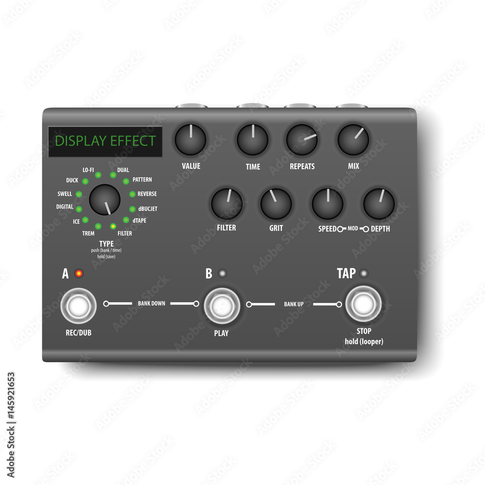 Fototapeta premium Guitar effect delay pedal on white background.vector-illustration 
