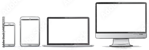 Computer Screen, Tablet PC, Smart Phone, Laptop Hand Drawn Vector illustration Set. 