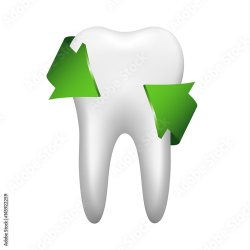 White tooth with two green arrow, stomatology icon isolated on white background, realistic vector illustration