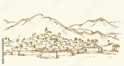 City in a desert. Vector drawing